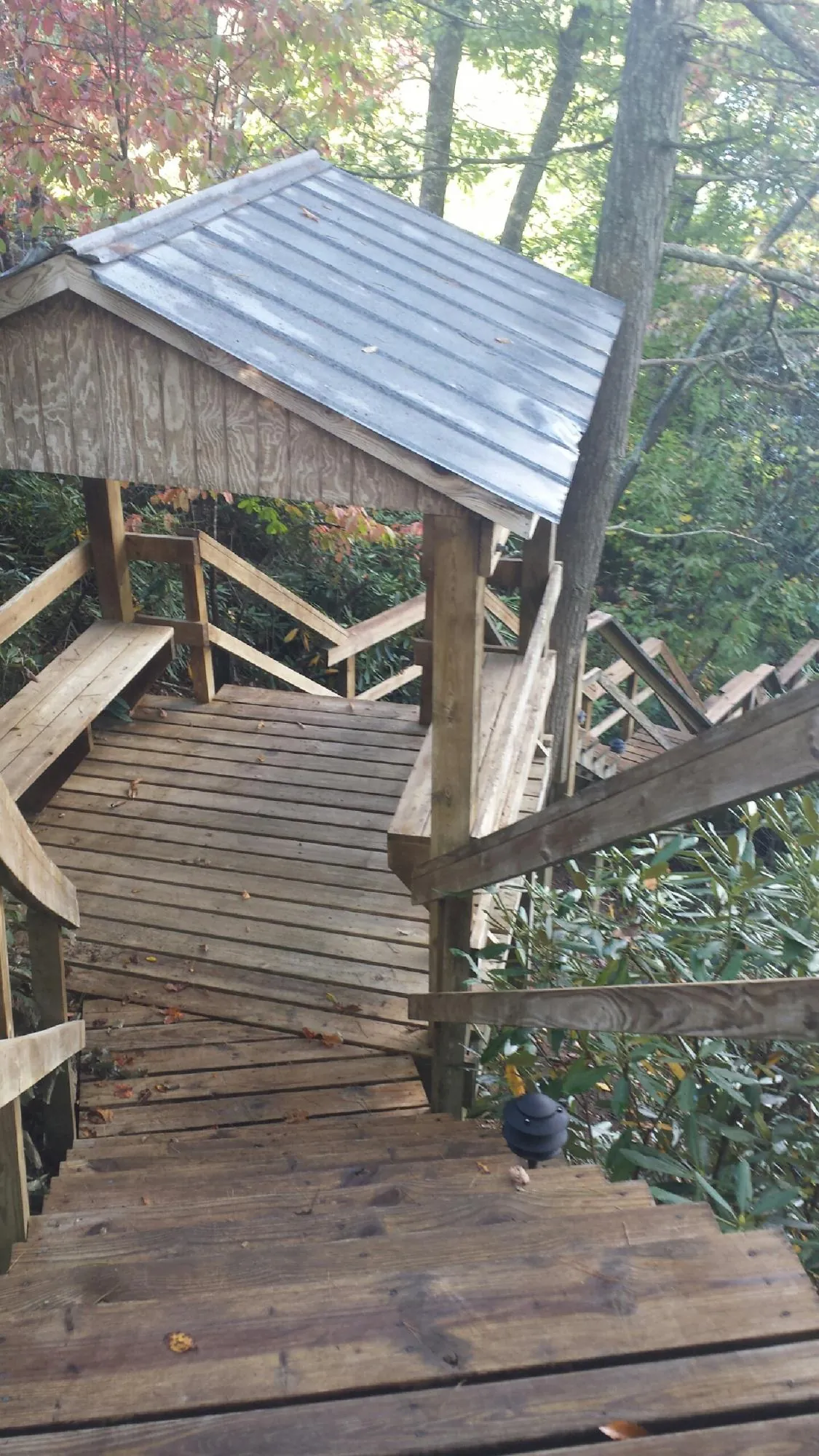 Metal roofed shelter over wooden steps on a wooded walkway — Skylight Repair & Installation work by our crew in Dolomite